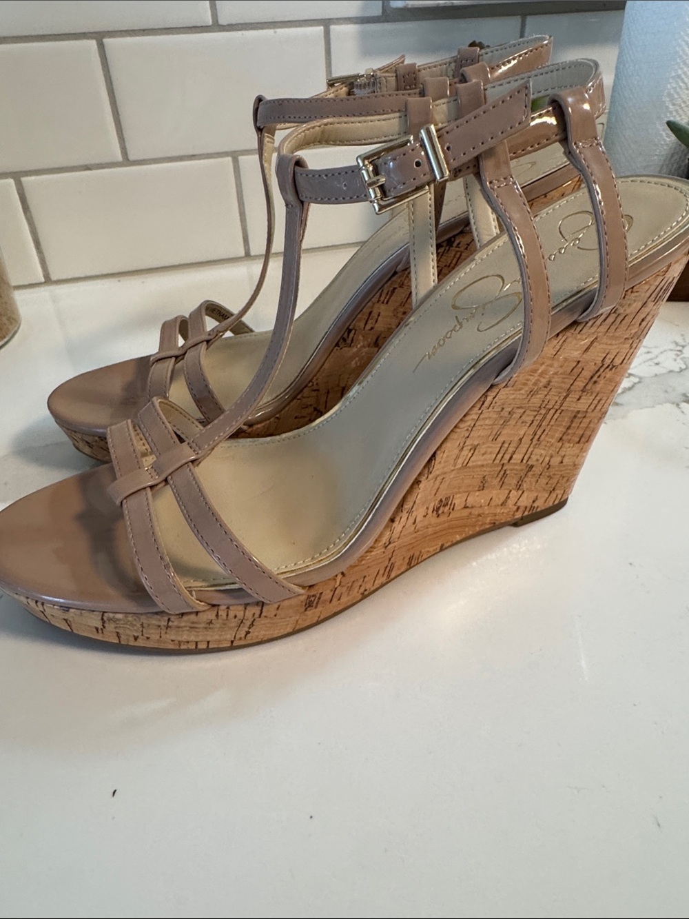 Jessica Simpson Nude Patent T-Strap Cork Wedge Sandals - Picture 2 of 3